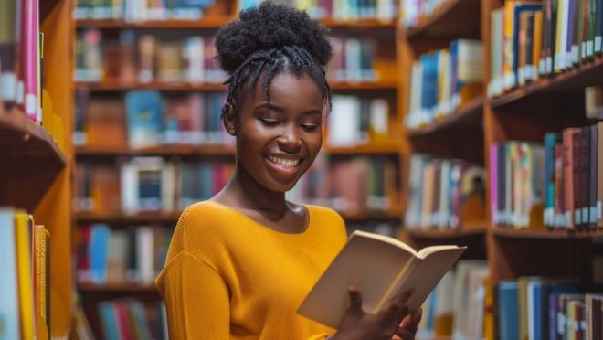 Une étudiante lit un ouvrage dans les rayonnages d'une bibliothèque