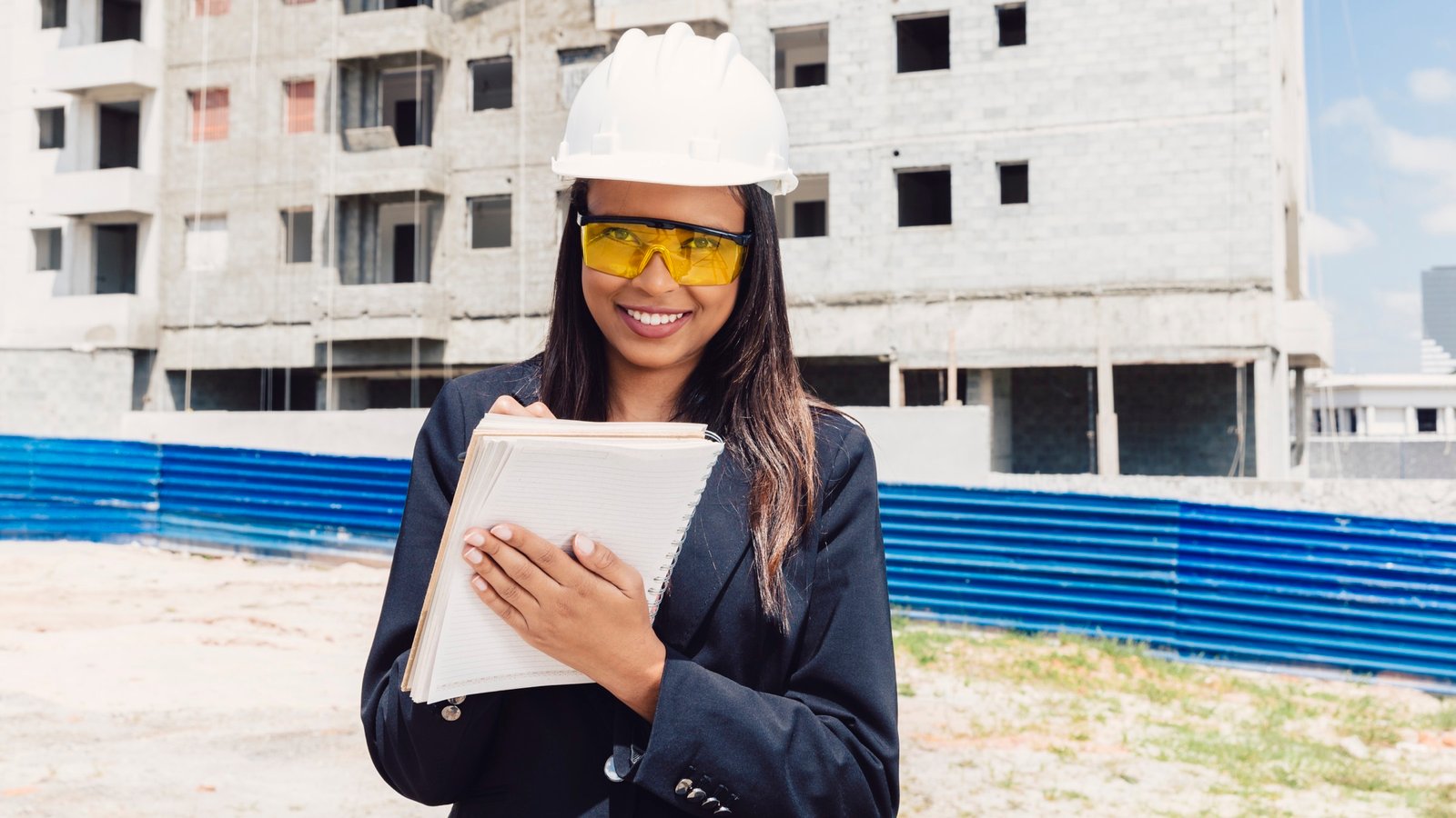 Jeune ingénieure en casque de chantier devant un bâtiment en construction
