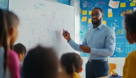 Un enseignant devant un tableau blanc en salle de cours